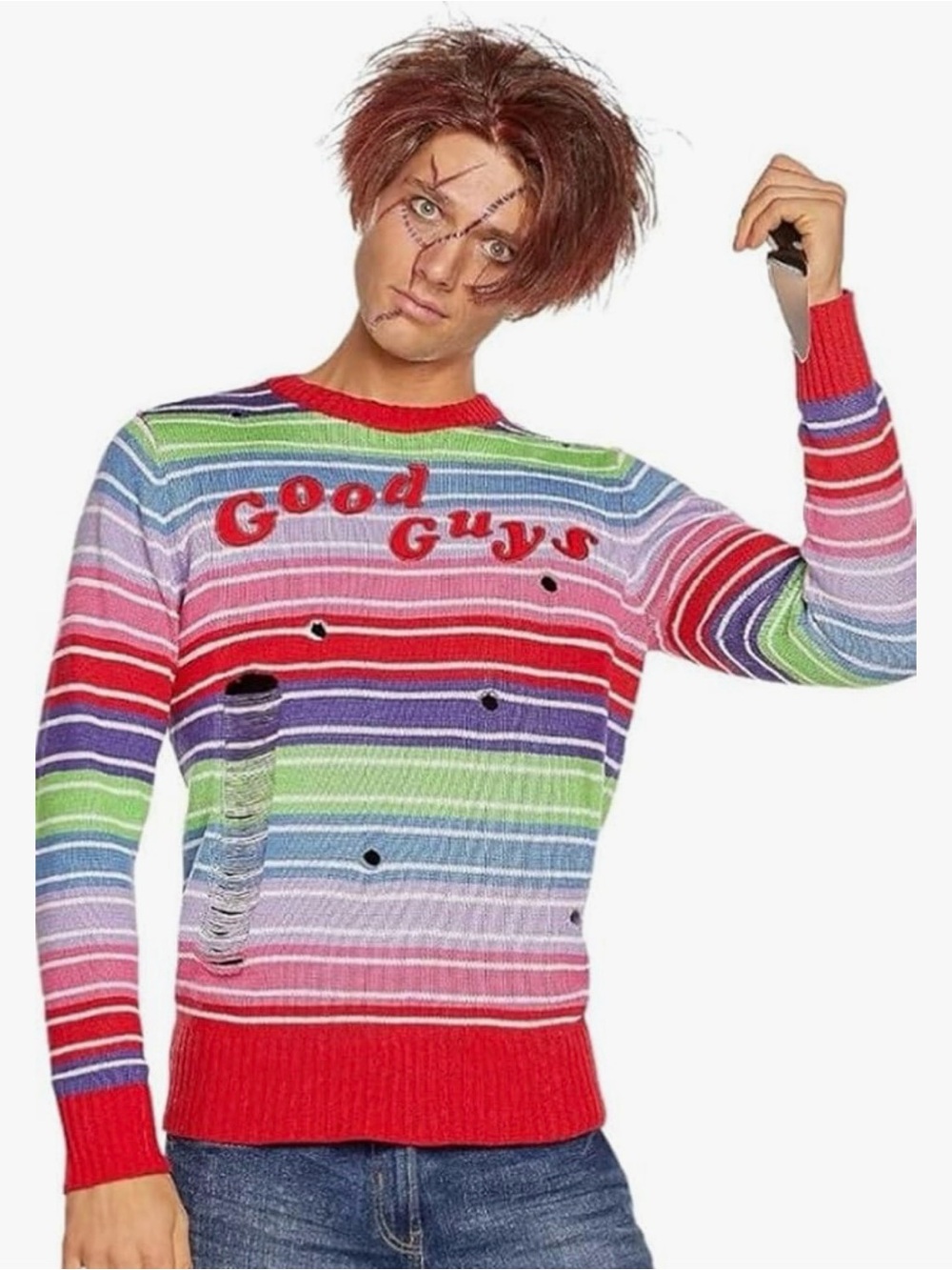 Hot topic Adult Chucky “good guys” crewneck striped Distressed sweater costume M